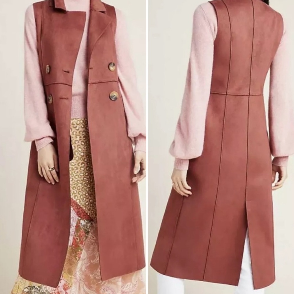 Anthropologie vegan leather suede rust brown wrap button front sleeveless dress